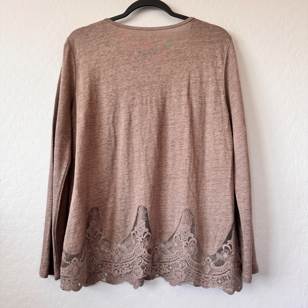 Garnet Hill Medium 100% Linen Brown Long Sleeve Lace Trim Scoop Neck Blouse - Picture 2 of 5